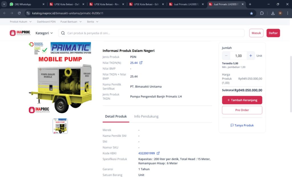 Dugaan Monopoli Tender Mesin Pompa di BMSDA Kota Bekasi, Disorot Pelaku Usaha